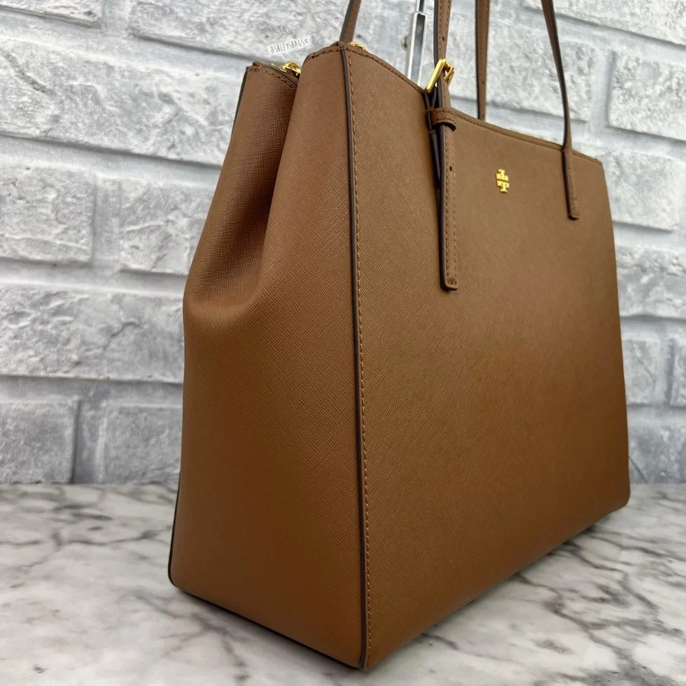 Tory Burch Emerson Large Double Zip Tote & Emerson Slim Wallet In Moose Brown - Picture 3 of 16